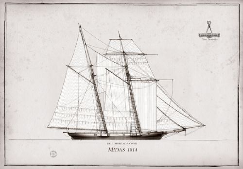 1814 Baltimore Schooner Midas pen ink study by Tony Fernandes